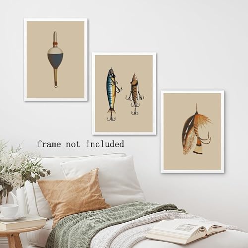 Miniatura 6 de Juego de 3 piezas de arte de pared de pesca vintage, con mosca y gancho, impresiones de equipo de pesca retro, carteles de pesca antiguos, cueva de