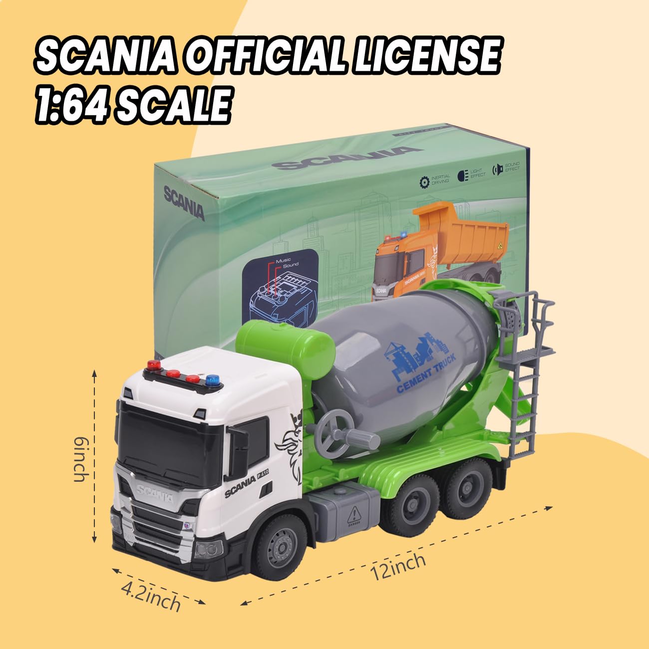 Bétonneuse Jouet - Scania 30,8CM Camion Malaxeur à béton avec Lumières et Son, Robuste Véhicule de Construction pour Enfants Garçons