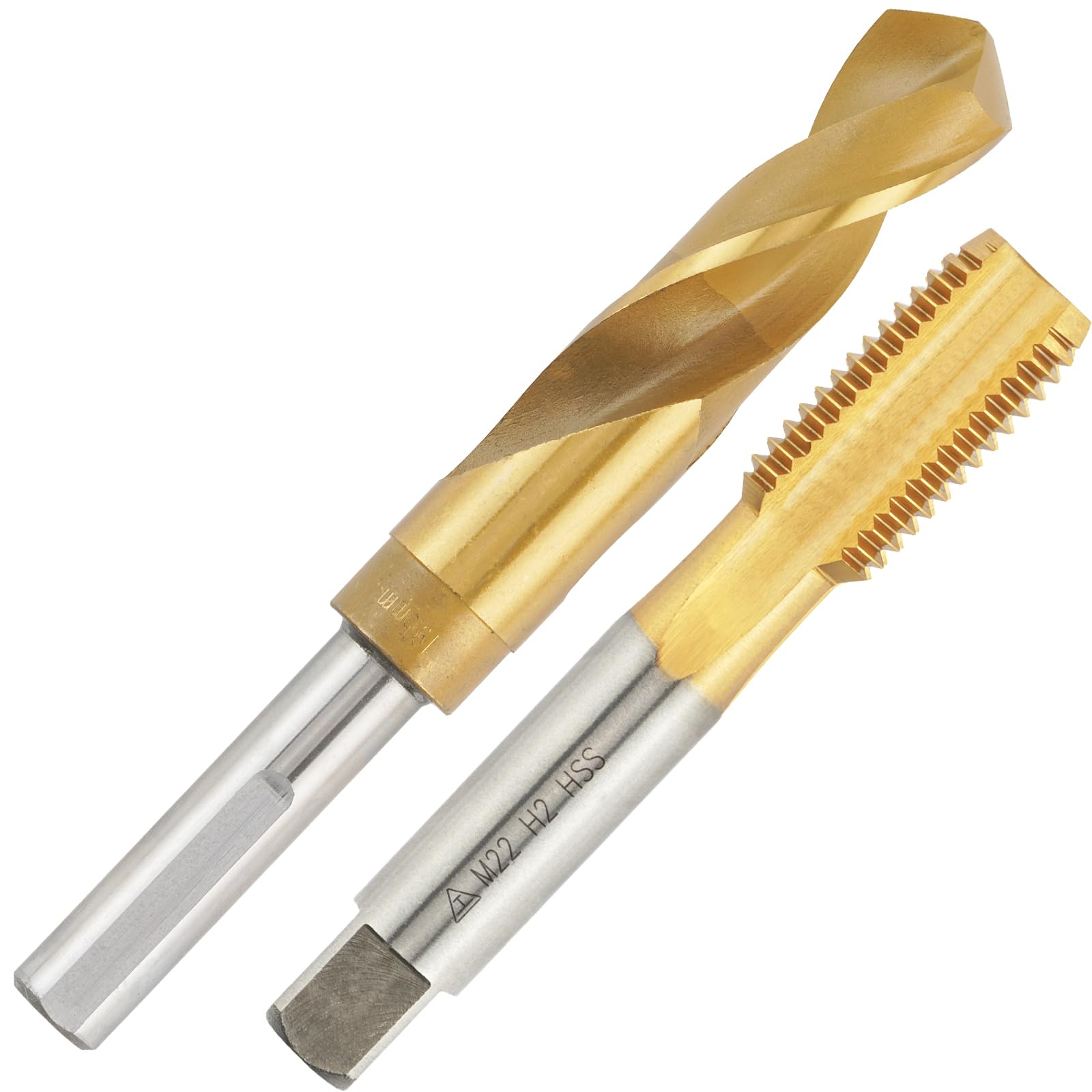 Aceteel M22x2.5 Tap with 19.5mm Drill Bit, Ti-Coated HSS M22*2.5 Thread Tap and 19.5mm Reduced Shank Twist Drill