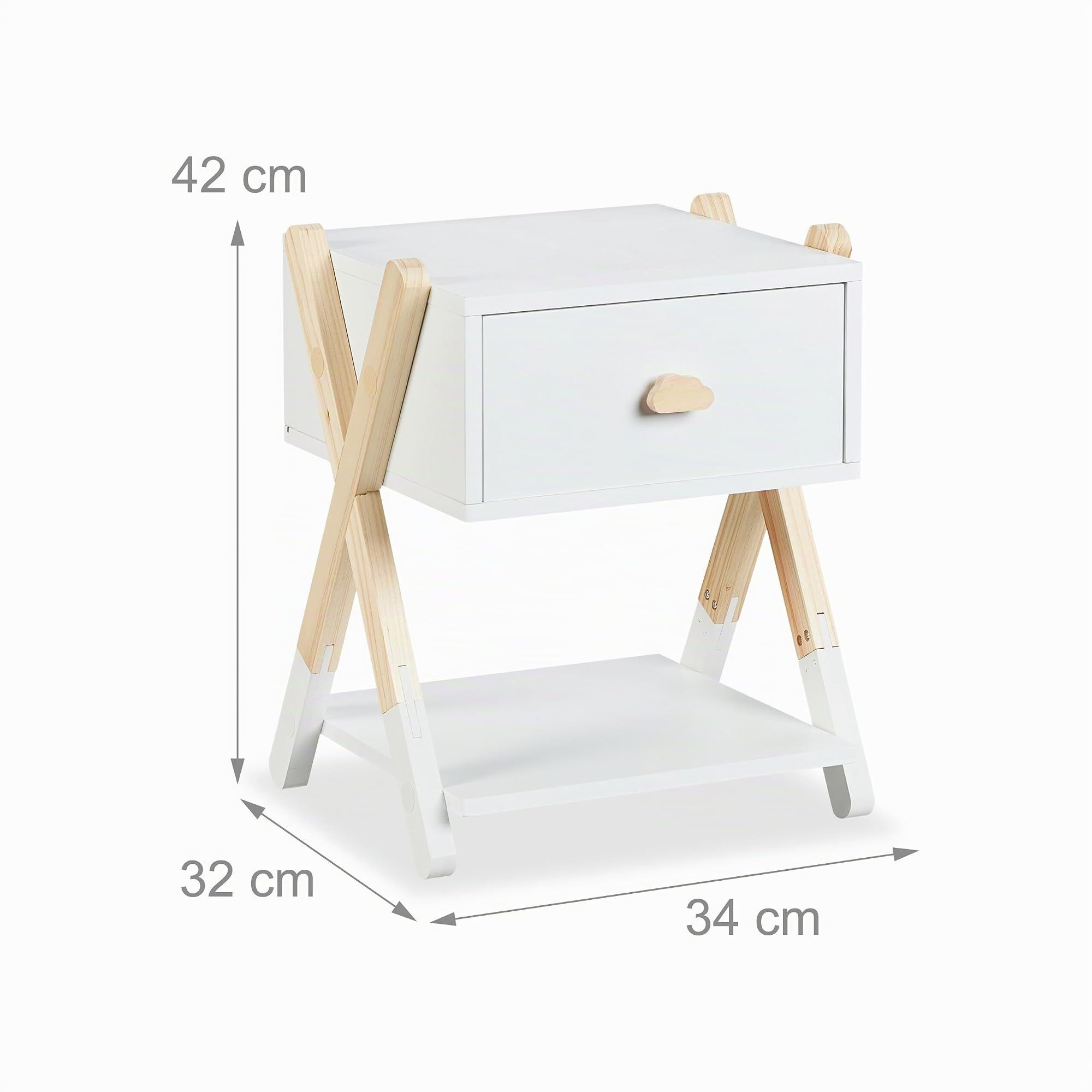 Relaxdays Mesita de Noche Infantil, con Cajón, 42x34x32 cm, Mueble Niños, Patas Cruzadas, Madera y MDF, Blanco y Natural