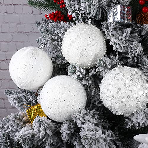 Adxco 8 Pieces 4 Inches Christmas Ball Ornaments Shatterproof Foam Balls Decorative Christmas Tree Ornaments Glitter Sequin Foam Balls For Christmas Decoration, White #TOP4
