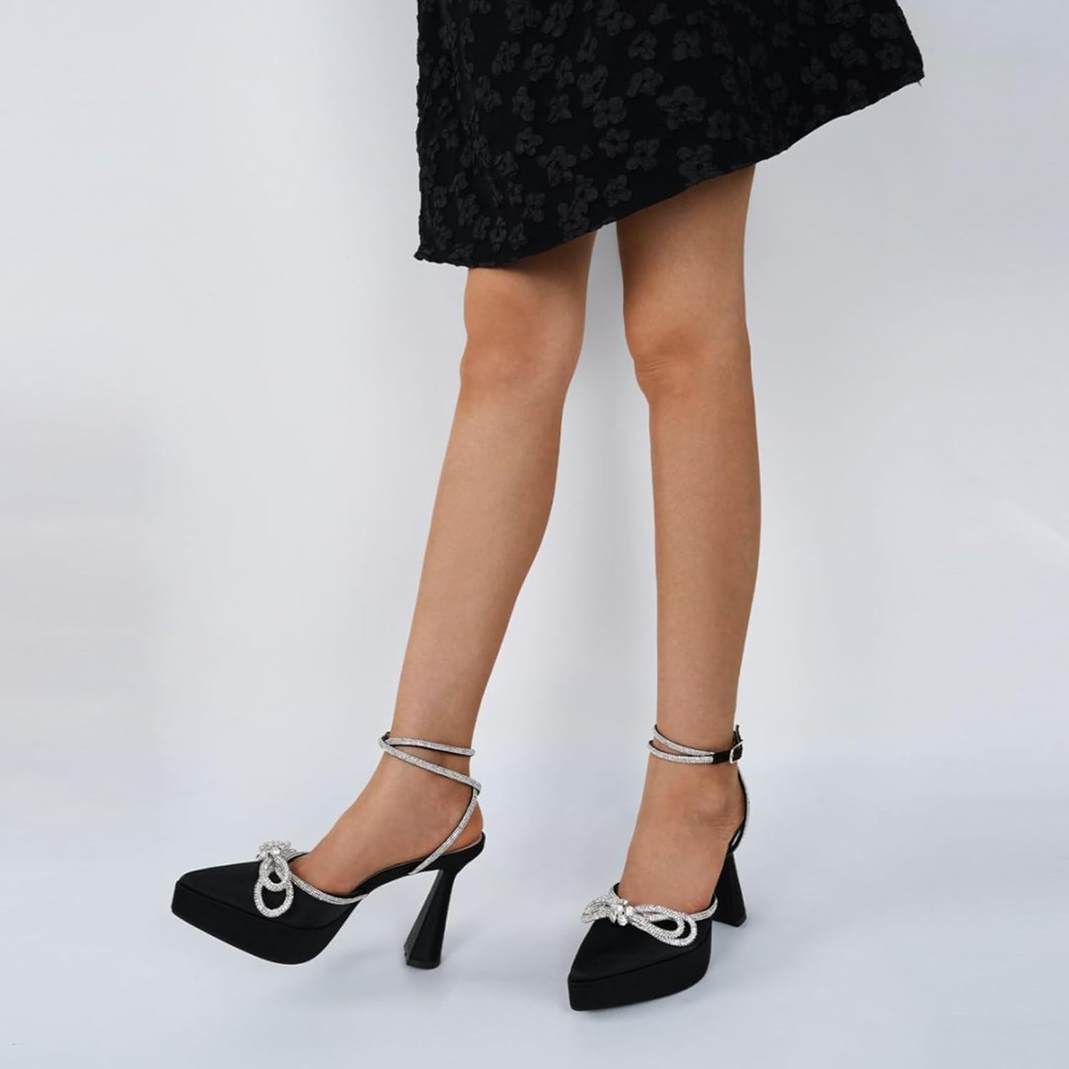 JENN ARDOR Women's Platform Heels Ankle Strap Pumps High Heeled Pointed Toe Stiletto High Heel Sandals Rhinestones Bow Knot Party Prom Dress Pumps Shoes for Women - Image 2