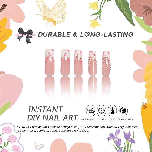 Miniatura 9 de Uñas postizas largas cuadradas a presión con dije de flores, uñas postizas de punta francesa, uñas postizas de cobertura completa con lazo, corazón,