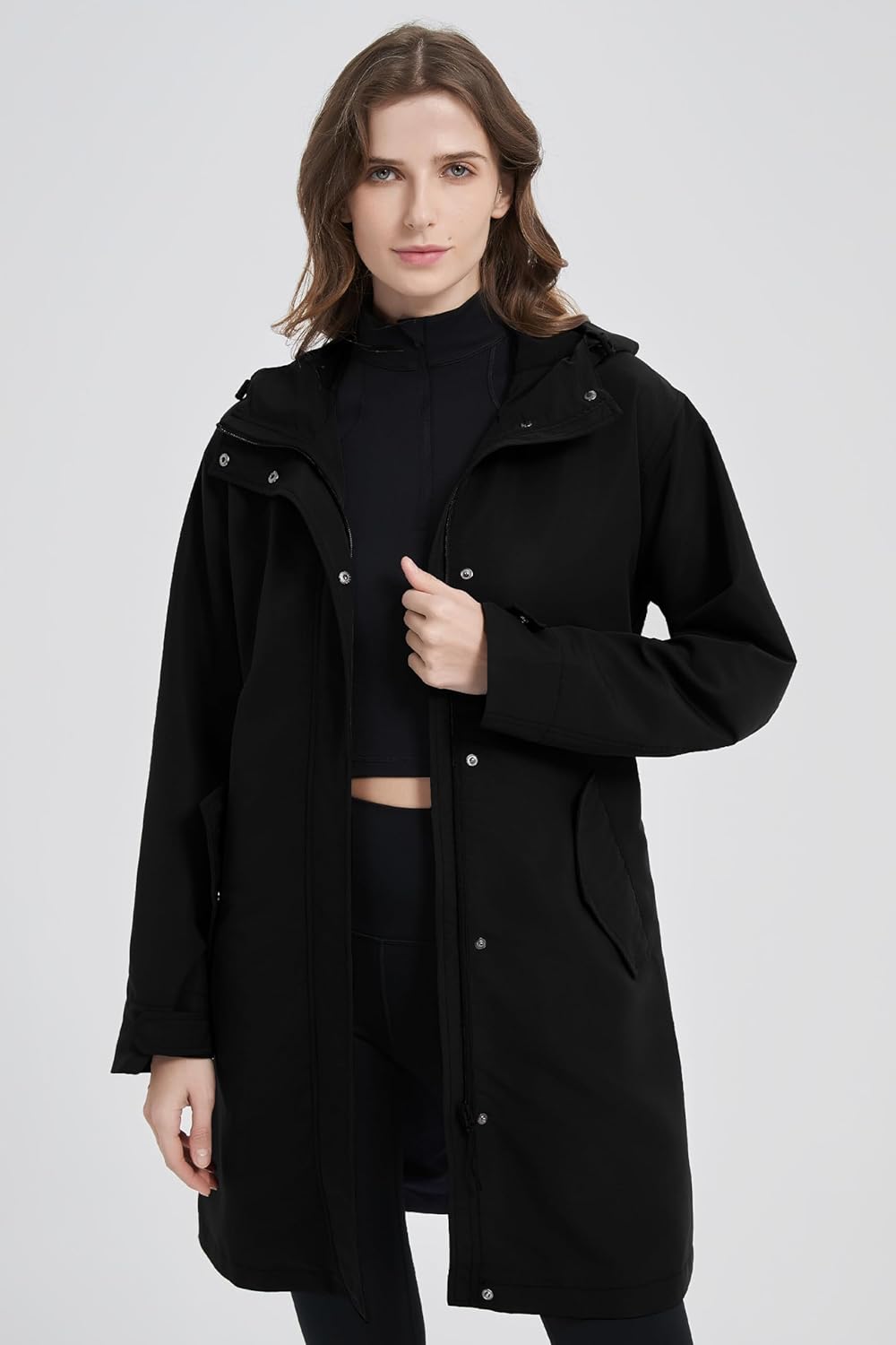 Orolay Women's Lightweight Rain Jacket Hooded Long Raincoats Softshell Travel Water-repellent Outdoor Windbreaker