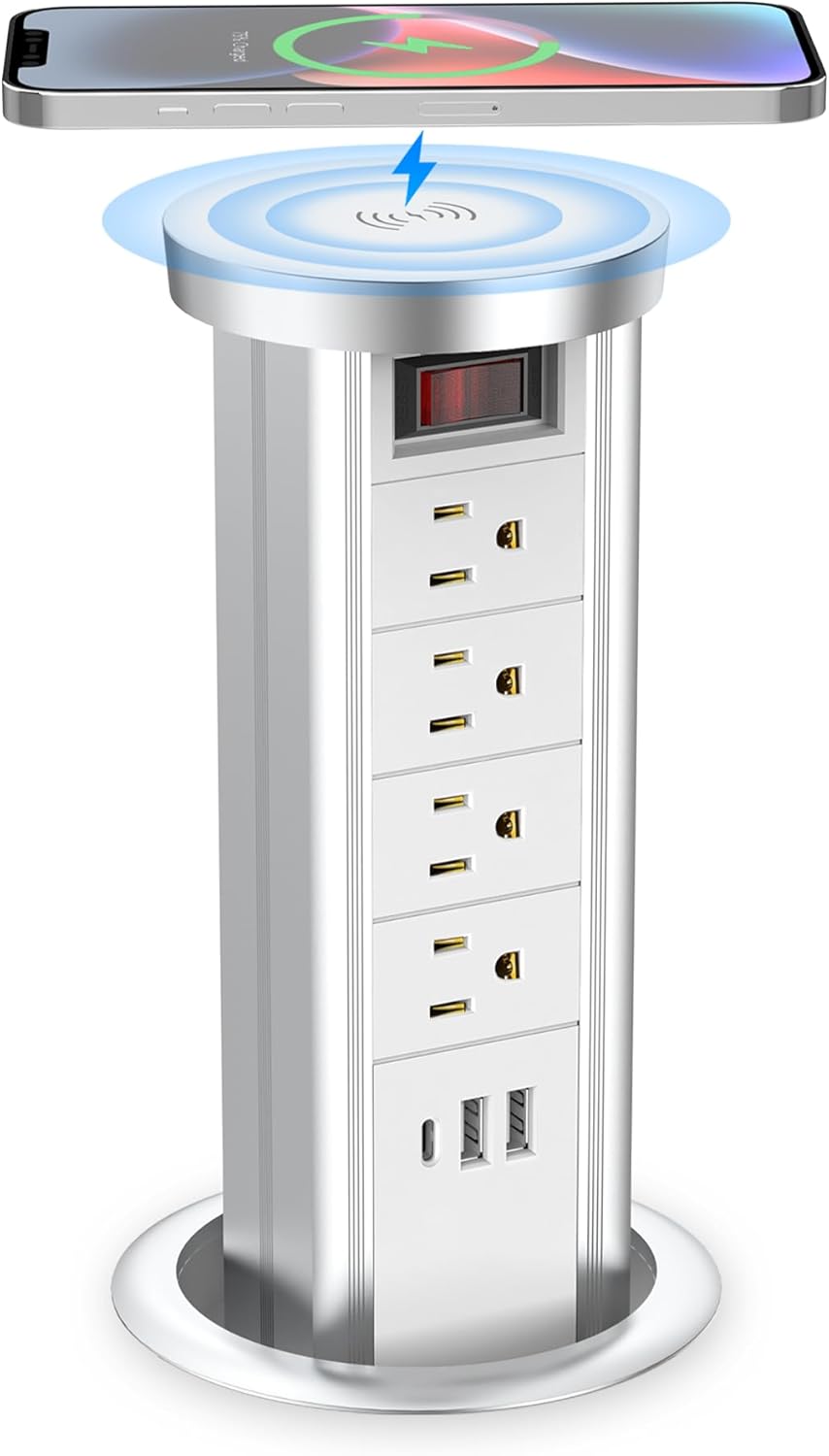 BTU Pop Up Outlet for Countertop, 4 Inch Hole Receptacle Power Strip with USB C & 4 AC Outlet, Pull Popup Outlet Recessed Power Socket with 10W Wireless Charger for Kitchen Conference Office