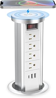 BTU Pop Up Outlet for Countertop, 4 Inch Hole Receptacle Power Strip with USB C & 4 AC Outlet, Pull Popup Outlet Recessed Power Socket with 10W Wireless Charger for Kitchen Conference Office
