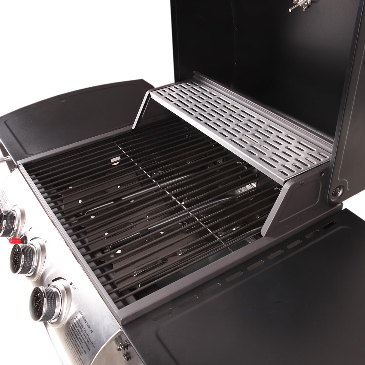 LOFOTEN - Barbecue Gaz 3 brûleurs - Puissance 8,4 kW - 106.5x57.5x104.5cm - Capot de fermeture avec thermomètre - 2 Grilles en acier chromé, 2 Etagères latérales, 1 Plateau bas - 2 Roues - Noir