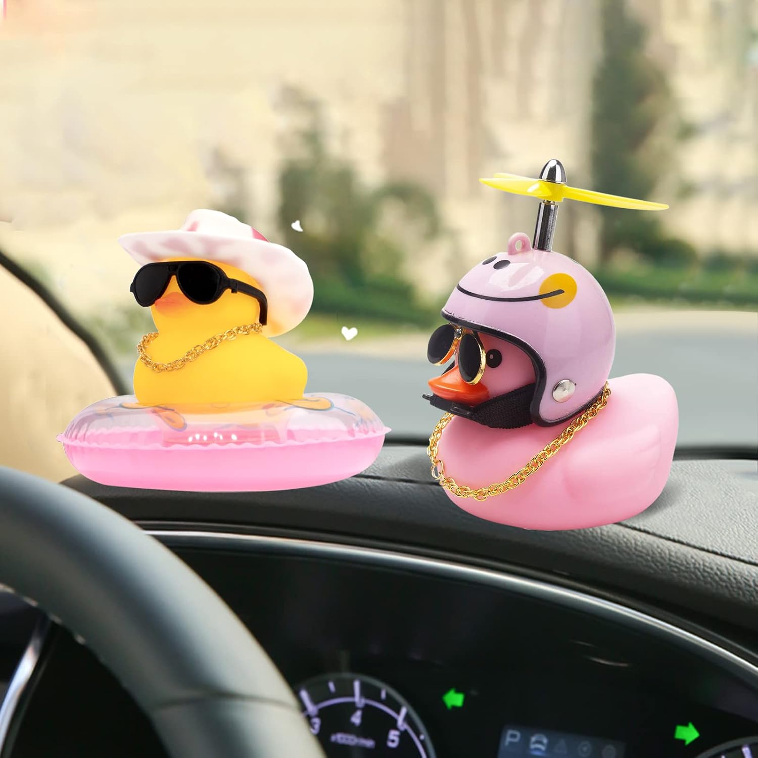 wonuu Swim Ring Rubber Ducks with Cowboy Hat/Propeller Helmet Sunglasses Necklace for Cars Dashboard Decorations Car Accessories Duck Car Ornament, Pink+Pink