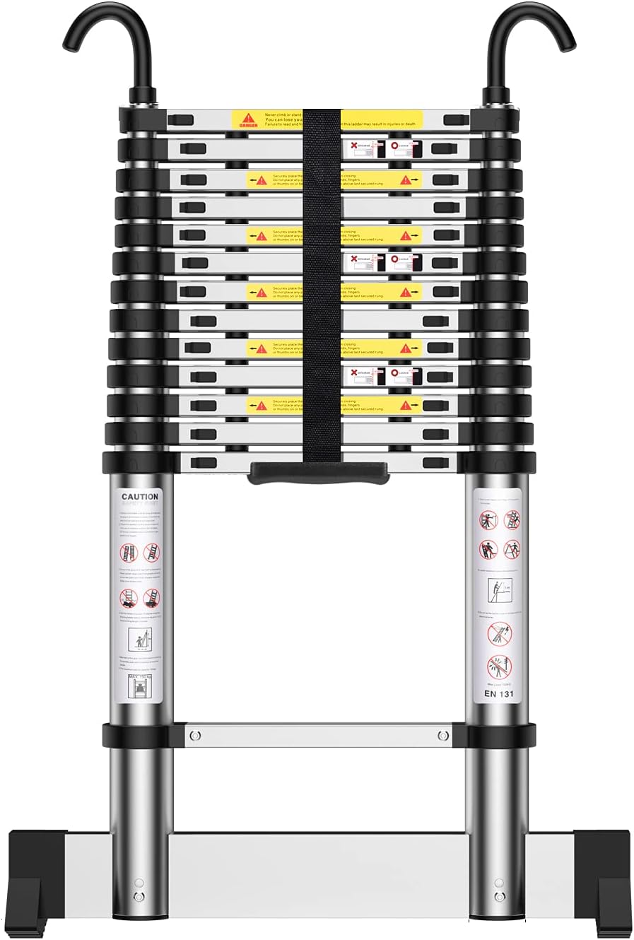 Teenza Telescopic Ladder 4.9 m, Aluminium Household Ladder with Hooks, Load Capacity 150 kg, for Access to the Attic, Painting, Laying a Garden, etc.