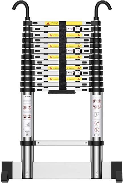 Teenza 4.9M Telescopic Ladder, Extension Ladder with Hooks and Stabilizer, Portable Loft Ladders Aluminium, Max Load 150kg/330lb