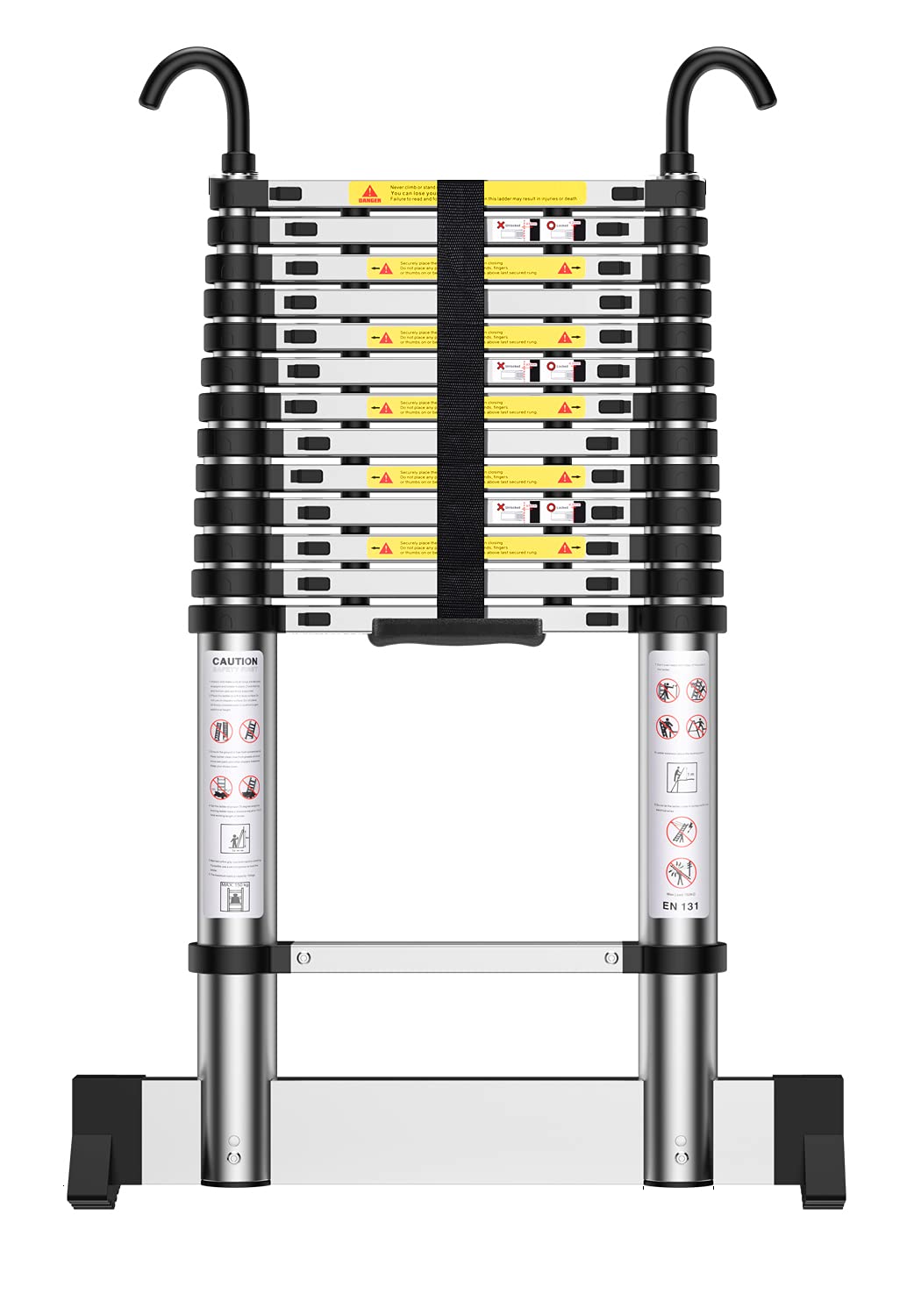 Teenza Telescopic Ladder 4.9 m, Aluminium Household Ladder with Hooks, Load Capacity 150 kg, for Access to the Attic, Painting, Laying a Garden, etc.