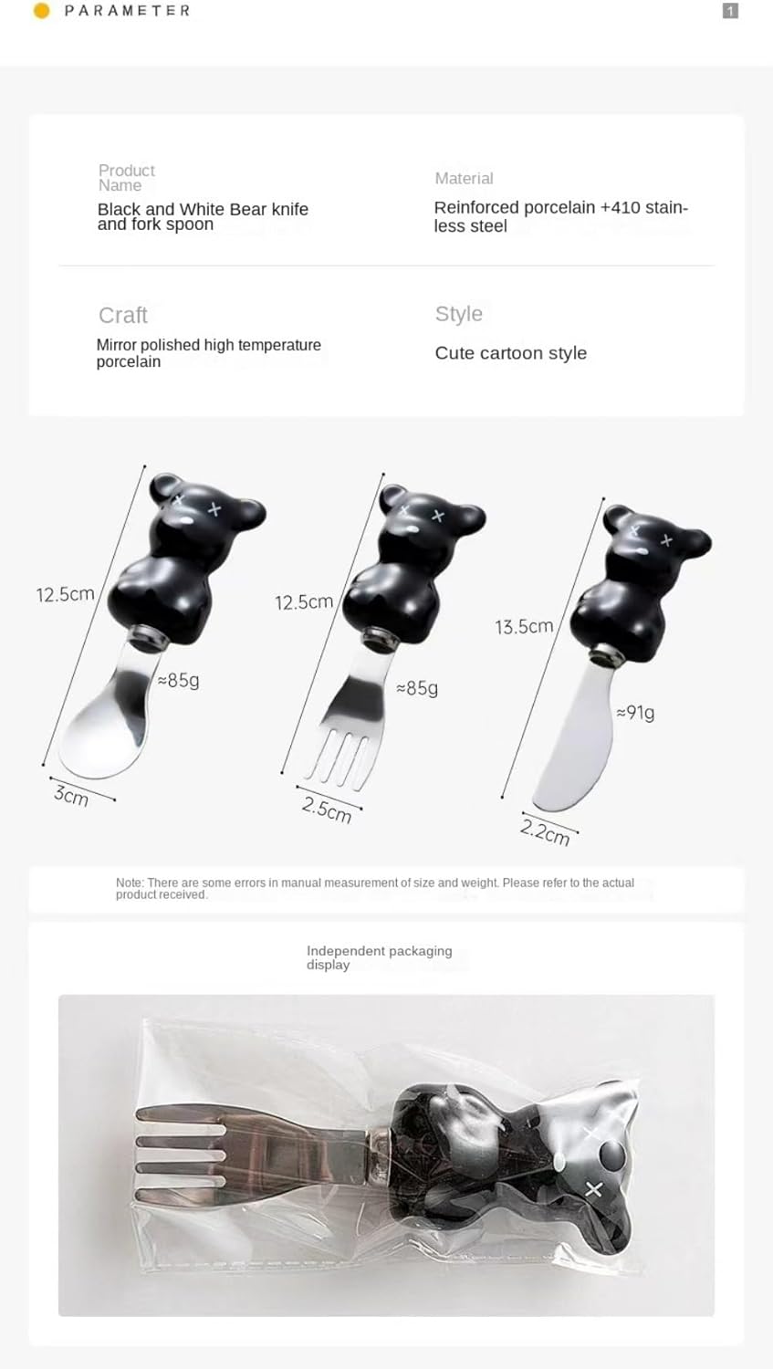 6 PCS Mini 13.5cm/5.3-inch Cute Little Bear Ceramics Handle Kitchen Stainless Steel Silverware Tableware Flatware Cutlery Knives Forks Spoons Set for 2 People,Mirror Polishing (White+Black)