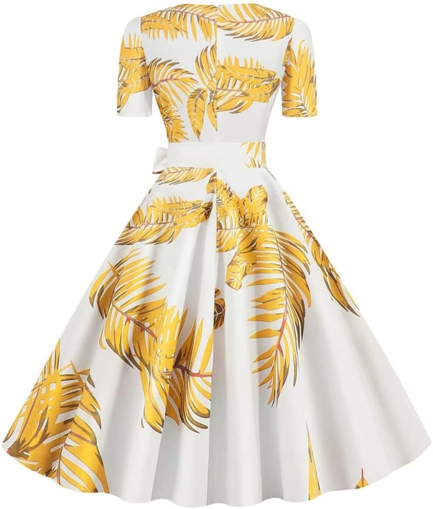 21年新作入荷 ビンテージロカビリードレス半袖ニーレングス女性パーティーレトロなドレス弓ベルトとラインを印刷する 颜色 Yellow 尺寸 S スカート Proksi Si