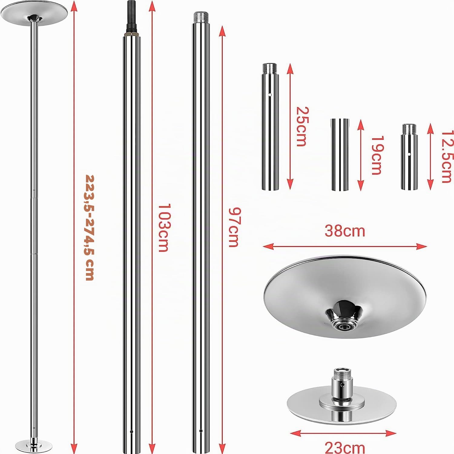 TLGREEN Barra de Baile Profesional Estática y Giratoria, Pole Dance de 45 mm Altura Ajustable de 2,35 m a 2,74 m, Portable, para Hogar Club, Fiesta, Principiantes