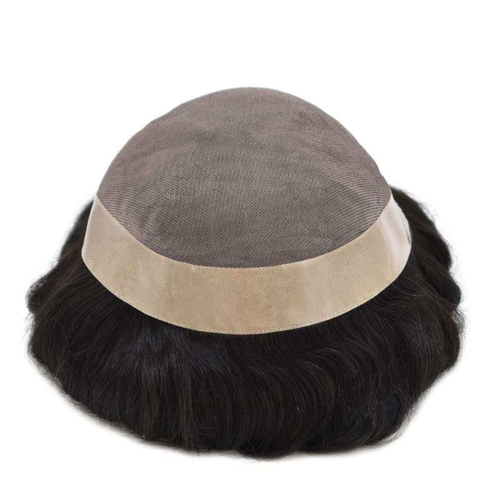 LYRICAL HAIR Mens Toupee Human Hair Replacement System Fine Mono Mens Hair Piece Durable Poly Skin NPU Around Wig Hair Unit for Men (7"X9", #1B Off Black-140% Medium to Med-heavy Density)