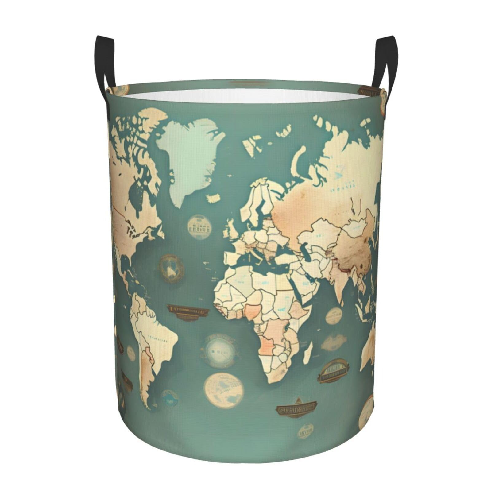 S Collapsible Laundry Hamper Round World Map Retro Print Storage