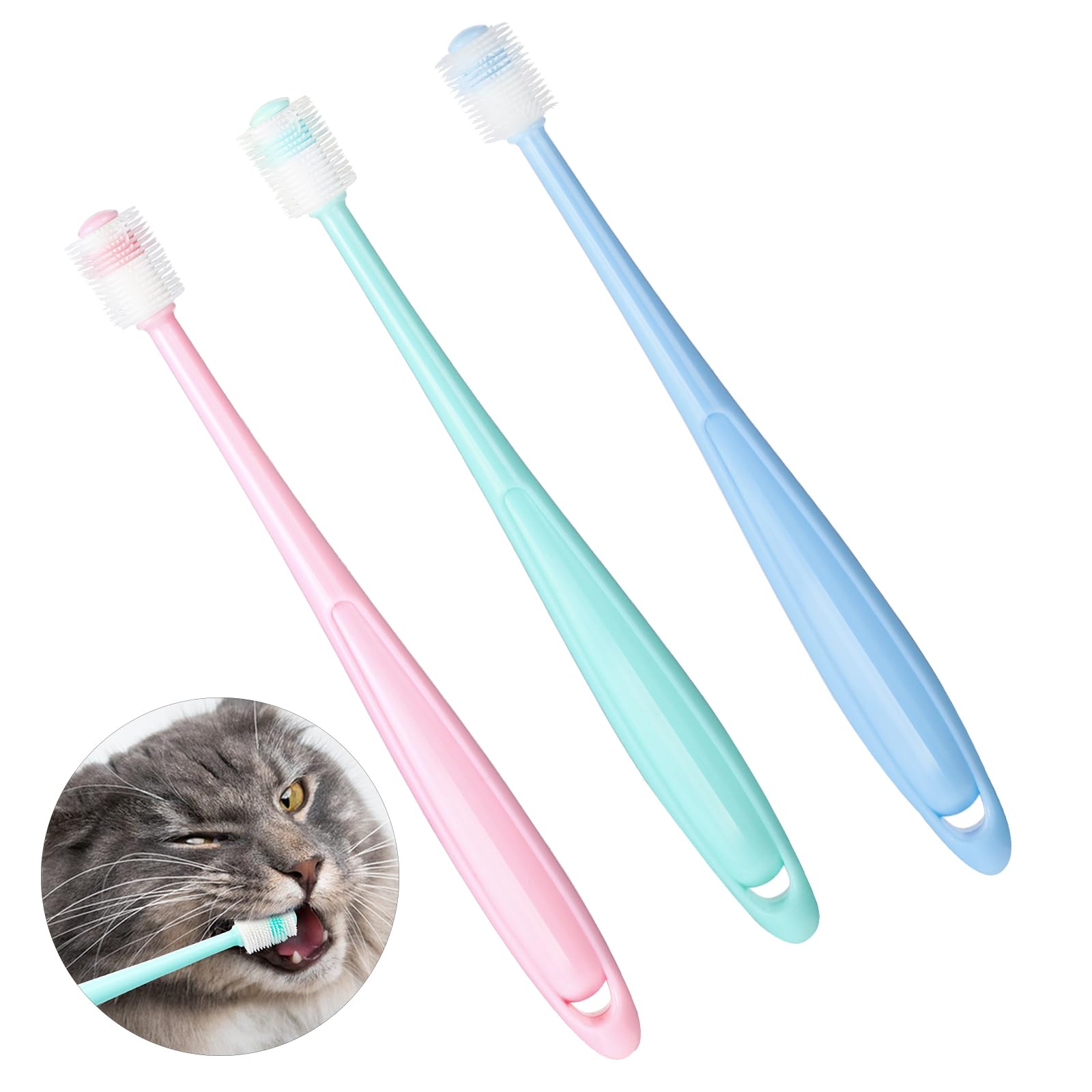 Juego de 3 cepillos de dientes suaves para perros pequeños de 360 grados de silicona de grado alimenticio, cerdas de 0.51 pulgadas de diámetro, gatitos, cachorros, cuidado dental, kit de cepillado