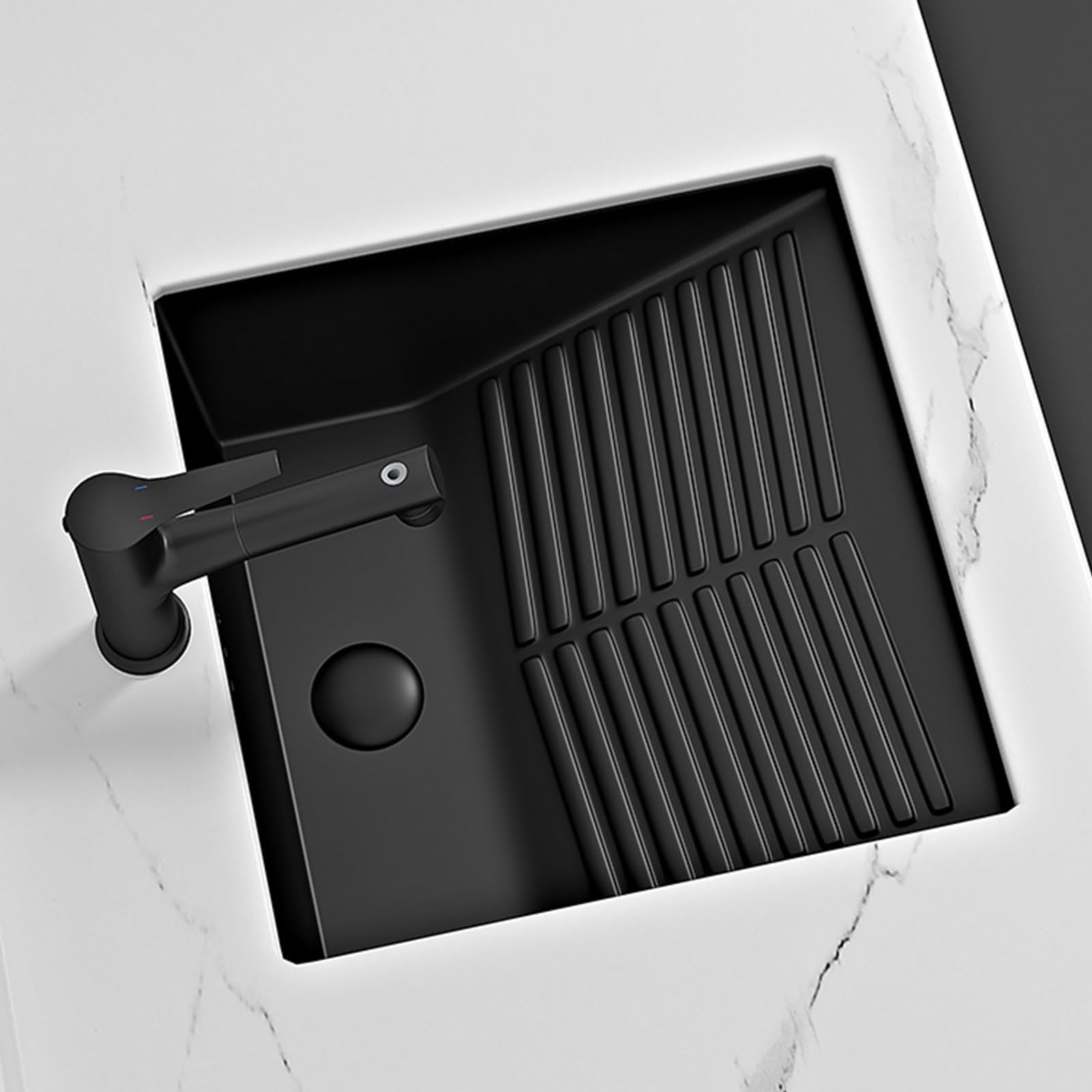 Fregadero de baño de cerámica negra con lavabo, diseño cuadrado, completo con grifo negro y juego de drenaje, perfecto para balcones y lavanderías