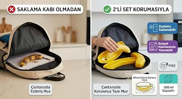 2'li Set Muz Saklama Kabı - 500ml Büyük Boy (21x6 cm) BPA Free, Buzluk ve Bulaşık Makinesi Güvenli - Muz Koruyucu Kutu, Ezilmeyi Önleyen Sarı Kap, Taşıma Çantası İçin İdeal (Sarı)