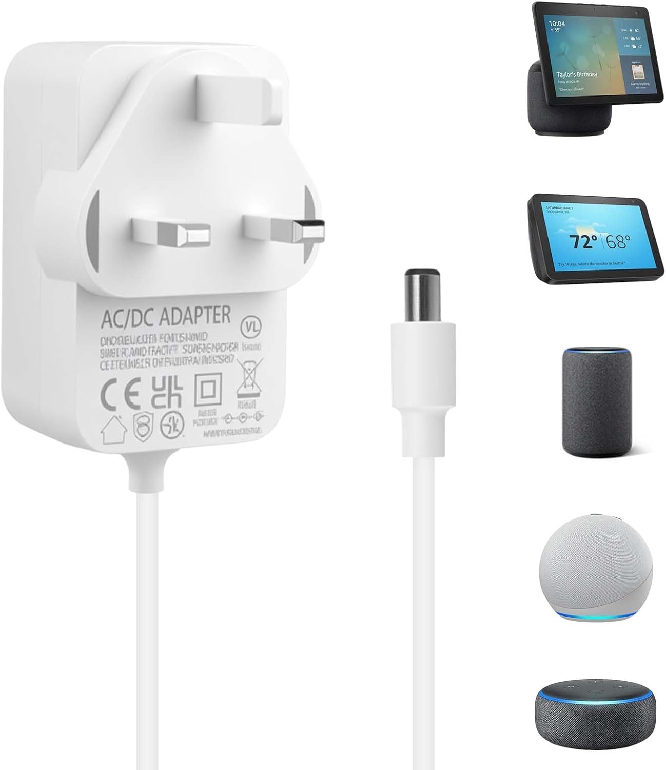 30W Power Adapter for Echo Show 15 8 10 21 18V 1.67A Replacement Charger for Echo 3rd/4th Gen Echo Plus 2nd Gen 6.3x2.5mm Plug with 1.5M Cable White
