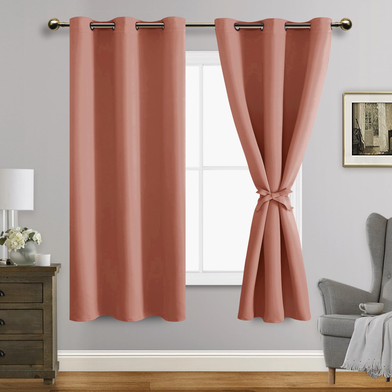 JIUZHEN Dried Rose Blackout Curtains with Tiebacks Thermal Insulated, Light Blocking and Noise Reducing Grommet Curtains for and Living Room, Set of 2 Window Curtain Panels, 42 x 63 Inch Length