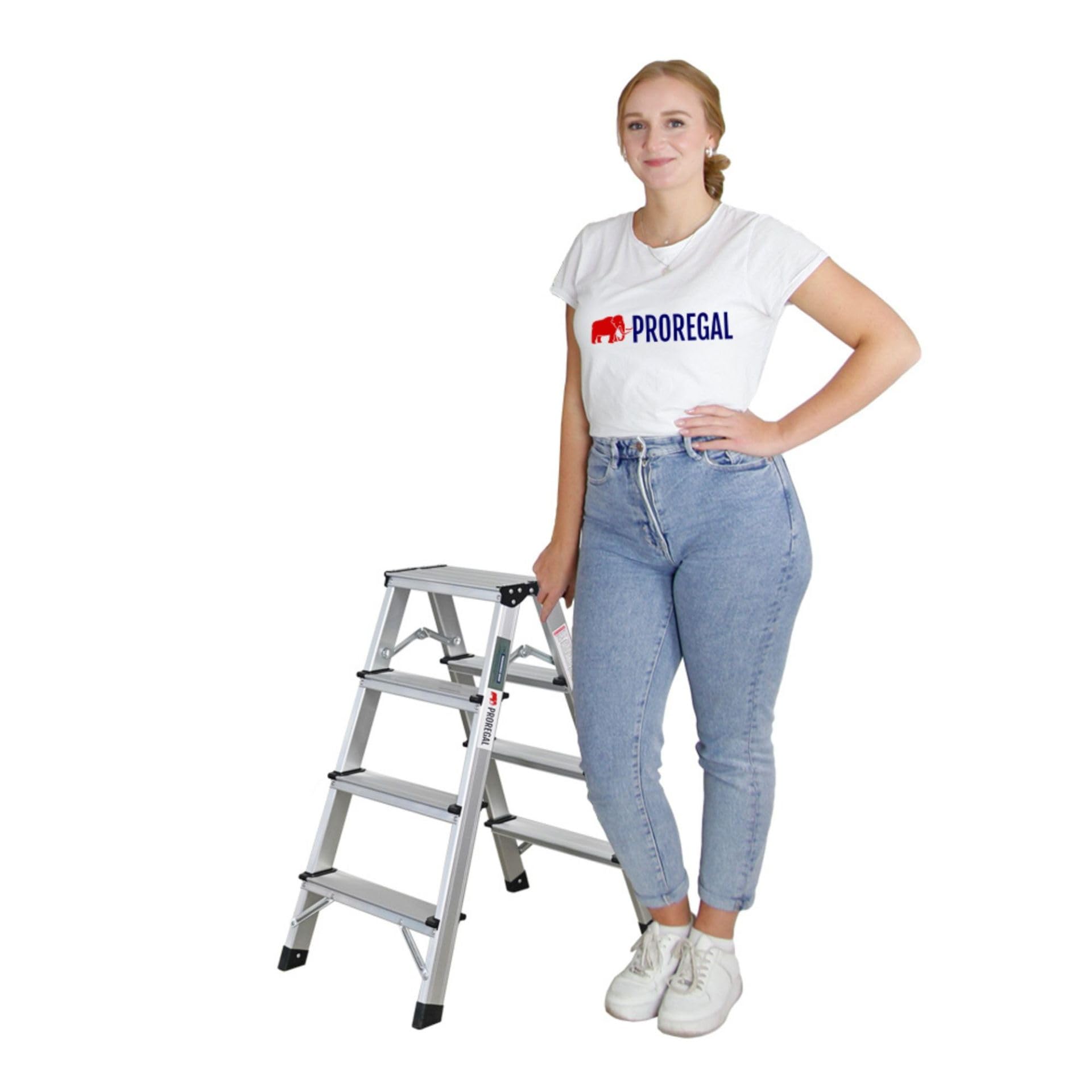 PROREGAL Escabeau Pliant Apollo 4 marches Échelle Double Accessible des Deux côtés, Charge maximale 150 kg 78x35x69cm Aluminium antidérapant légère Tabouret