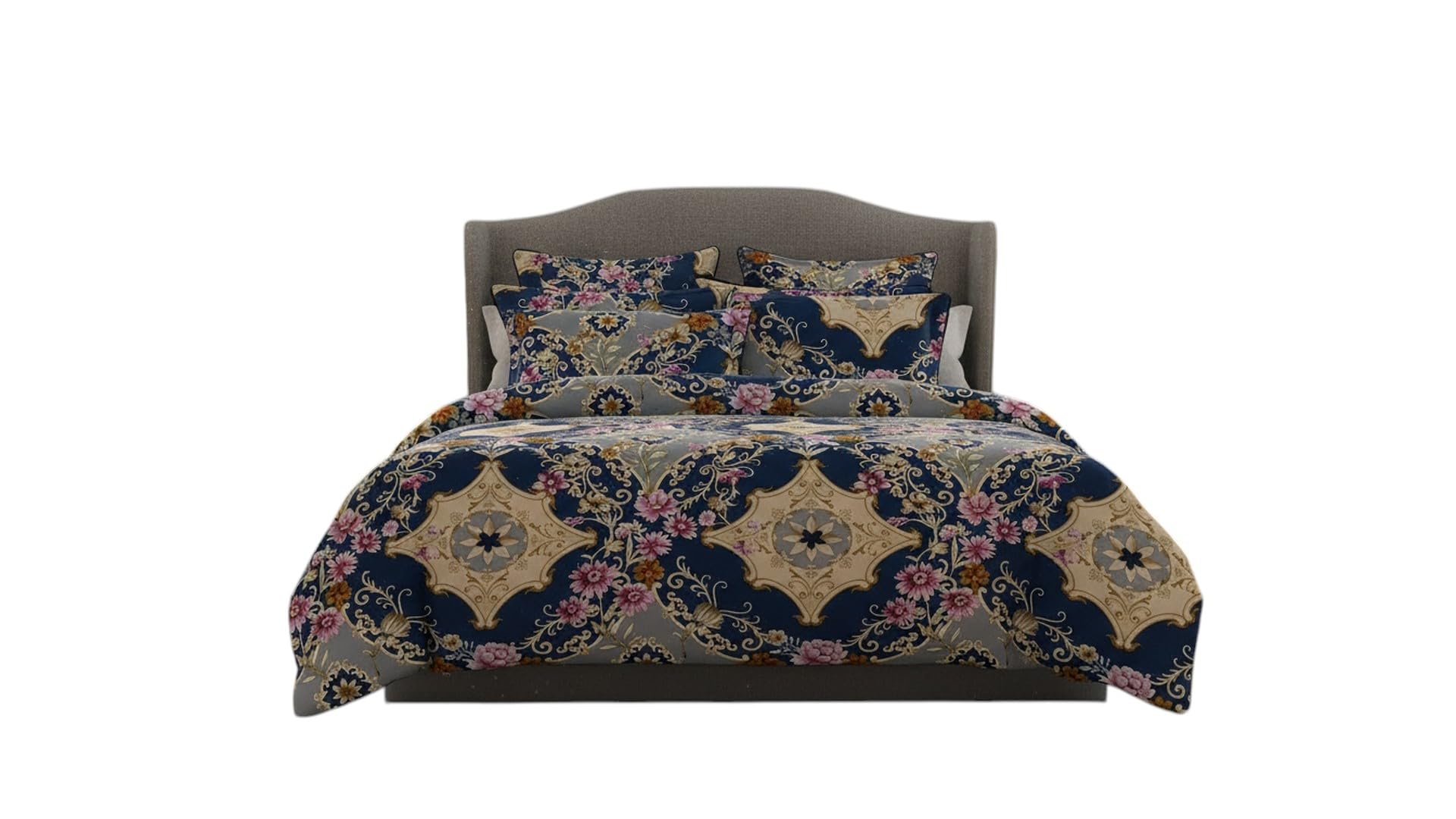 Floral Medallion Comforter Set, Navy Blue & Gold Bedding | Baroque Print, Multi-Piece Set, Pink Floral Accents, Includes Pillow Shams, Bedroom Decor-image-49