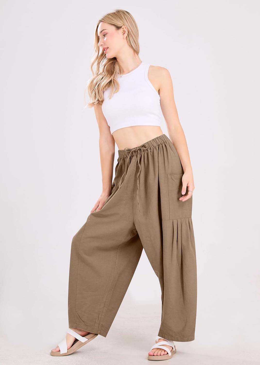 utcoco Womens Baggy Linen Pants Casual Loose Fit Drawstring Wide Leg Harem Pants with Pocket - Image 4
