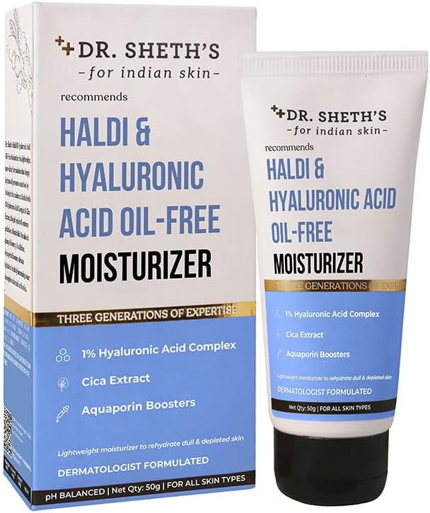 Hidratante facial sem óleo Dr. Sheth's Haldi & Hyaluronic Acid com ácido hialurônico 1%, extrato de Cica e boosters de aquaporina, 50 g