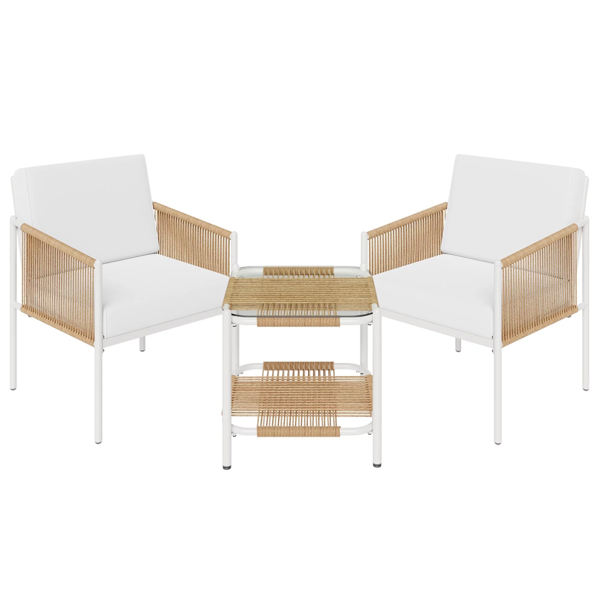 DEVOKO 3 Piece Patio Rope Chairs with Cushions and Center Table for Porch, Backyard, Garden, Balcony, Lawn, Terrace, Indoor, Poolside Outdoor Furniture Set (Beige and White)-image-40