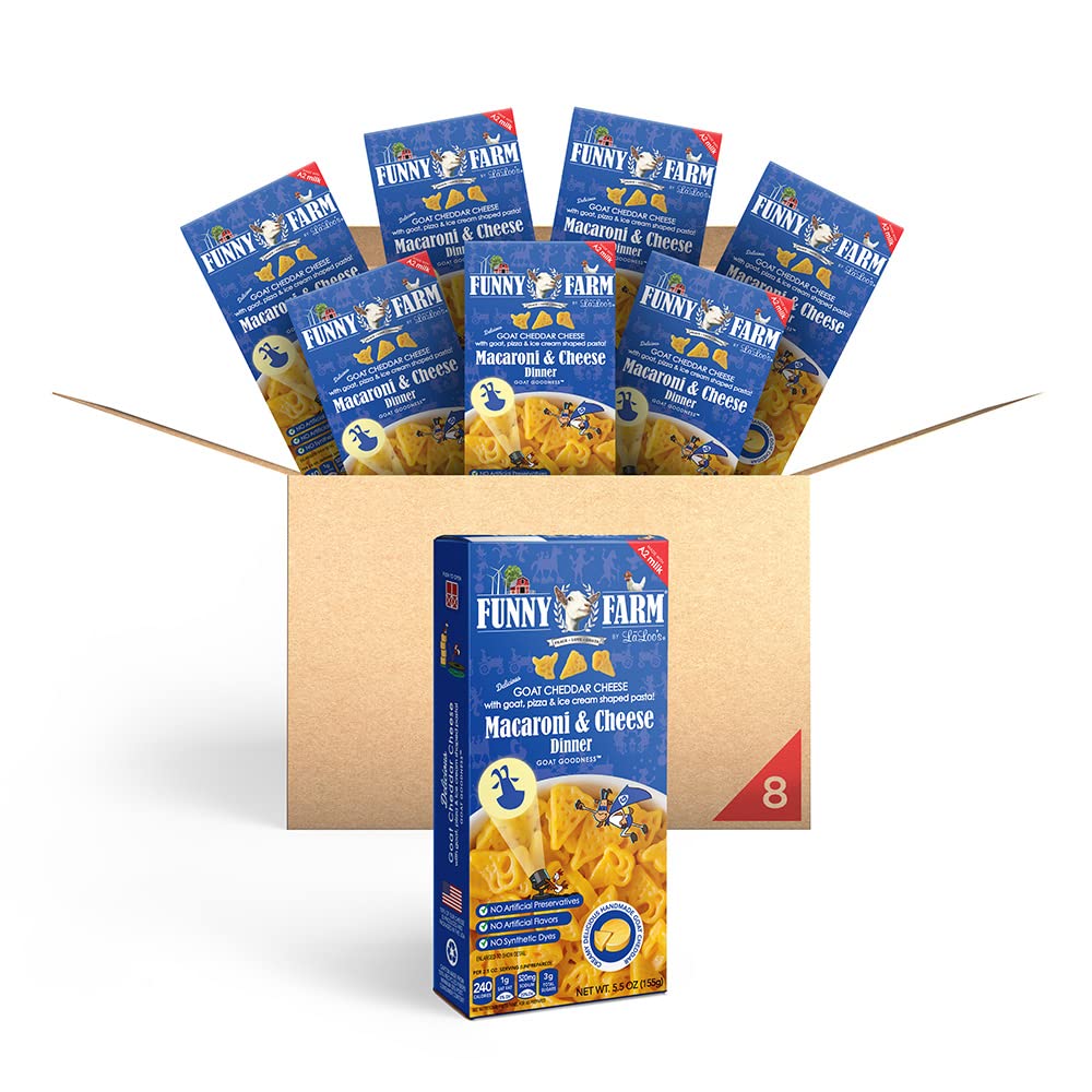 FUNNY FARM Goat Cheddar Cheese with Goat, Pizza & Ice Cream Shaped Pasta Macaroni & Cheese, 6oz. (8-Pack)