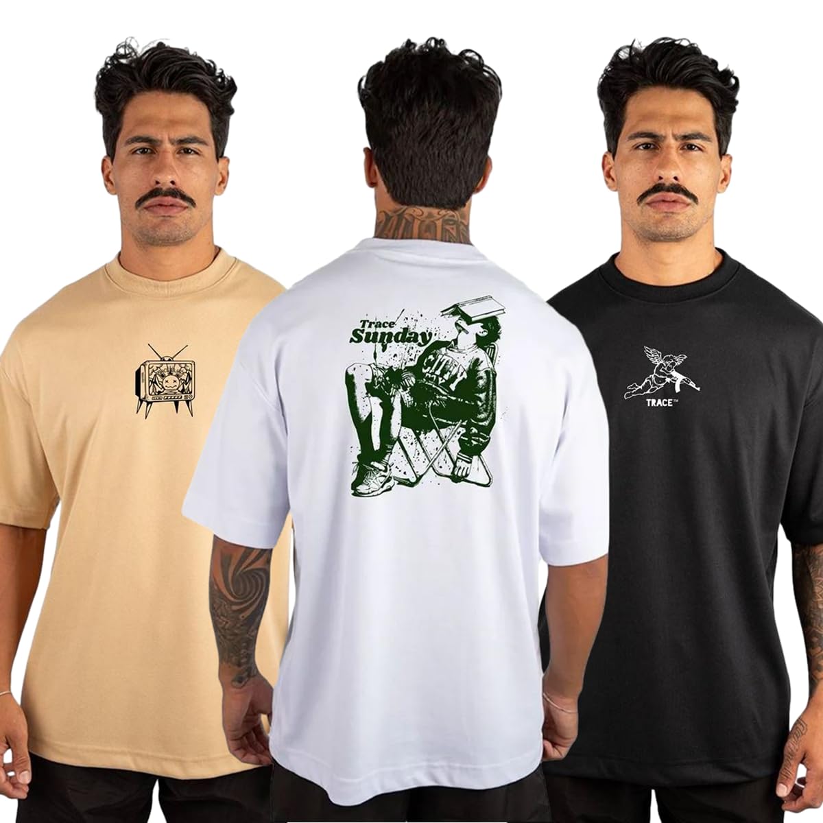 Kit 3 Camiseta Oversized Masculina Streetwear Trace Black Academia Algodão REF 04