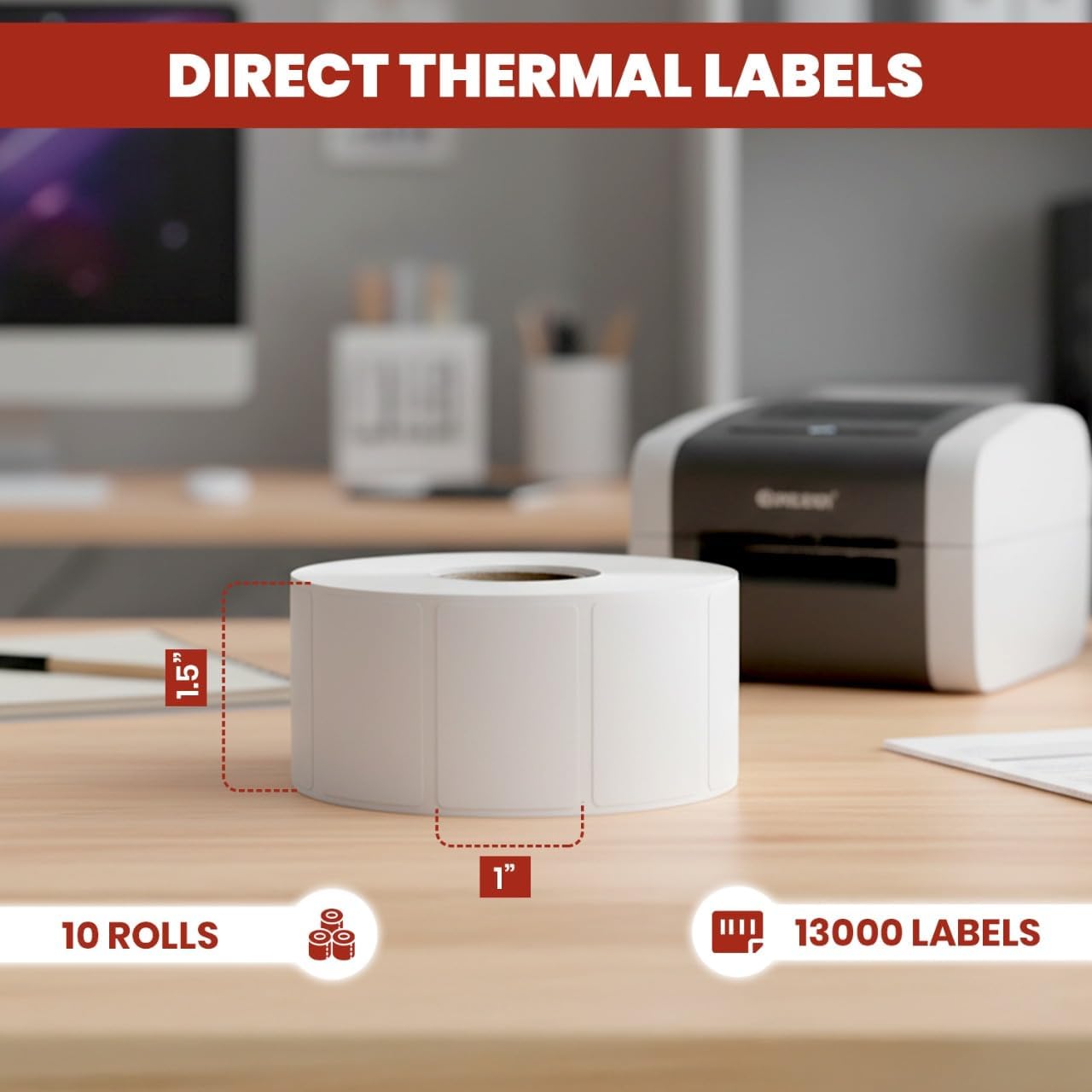 1 1/2" × 1" Direct Thermal Printer Labels, 10 Rolls, 13,000 Matte White Thermal Barcode Labels with Strong Adhesive, Compatible with Zebra & Eltron Printers (No Ink or Toner Needed) - Image 2