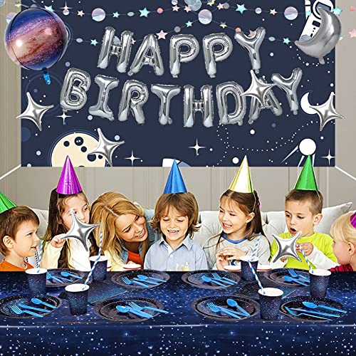 Golray Galaxy Birthday Party Supplies Outer Space Decorations For Kids Boy Birthday Party With Moon Star & Happy Birthday Foil Balloons, Glitter Hanging Decor, Tablecloth, Tableware Serves 16 Guest #TOP6