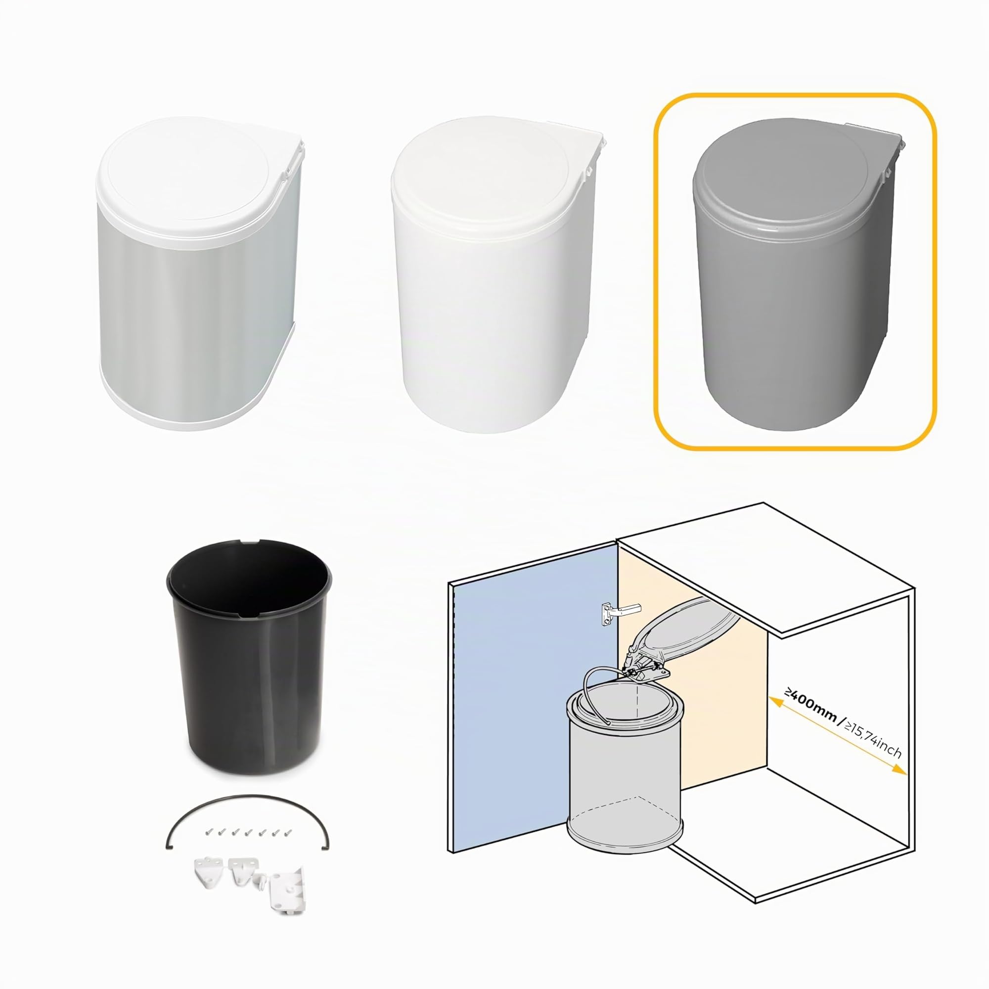 Emuca - Pattumiera per Porta di Mobile, Contenitore di Riciclaggio, Contenitore di 13 L con Coperchio di Apertura Automatica e fissagio a l'anta, Plastica, Grigia.