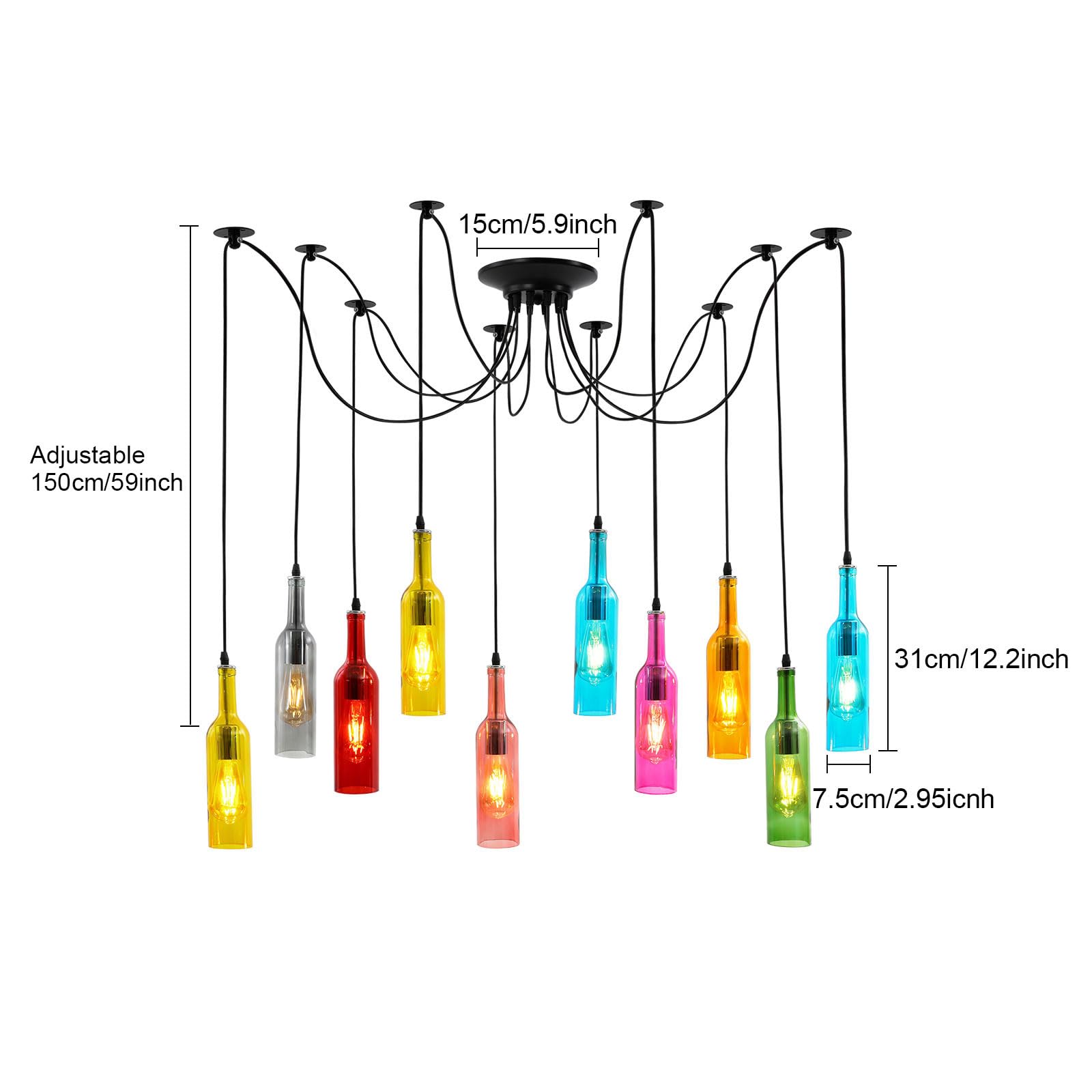 Lampadario a sospensione, stile retrò, in vetro, E27, 10 luci | Lampada a sospensione in vetro con altezza regolabile, ideale come lampada a sospensione per tavolo da pranzo per cucina