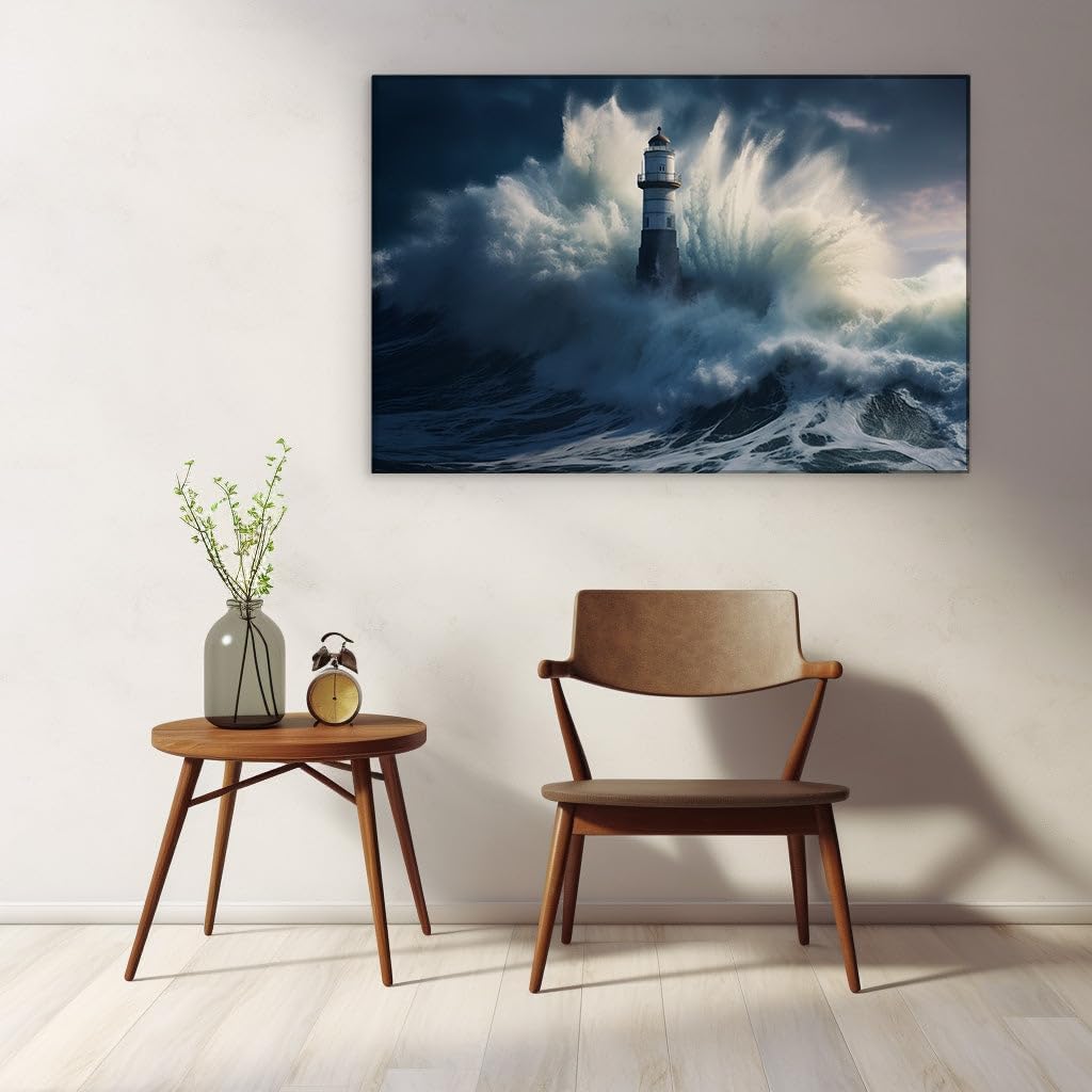 Canvas for Living room. Lighthouse Vigil in the Heart of the Tempest, 27 x 18 inch Canvas Wall Art - Contemporary Masterpieces - Modern Home Decor