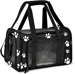 Bolsa Transporte Pet para Avião Cabine Viagem Ventilação Cães e Gatos Reforçada até 14kg Tela Arejada Alça e Tapete Removível - Duke & Dixie (Preto/Pata)
