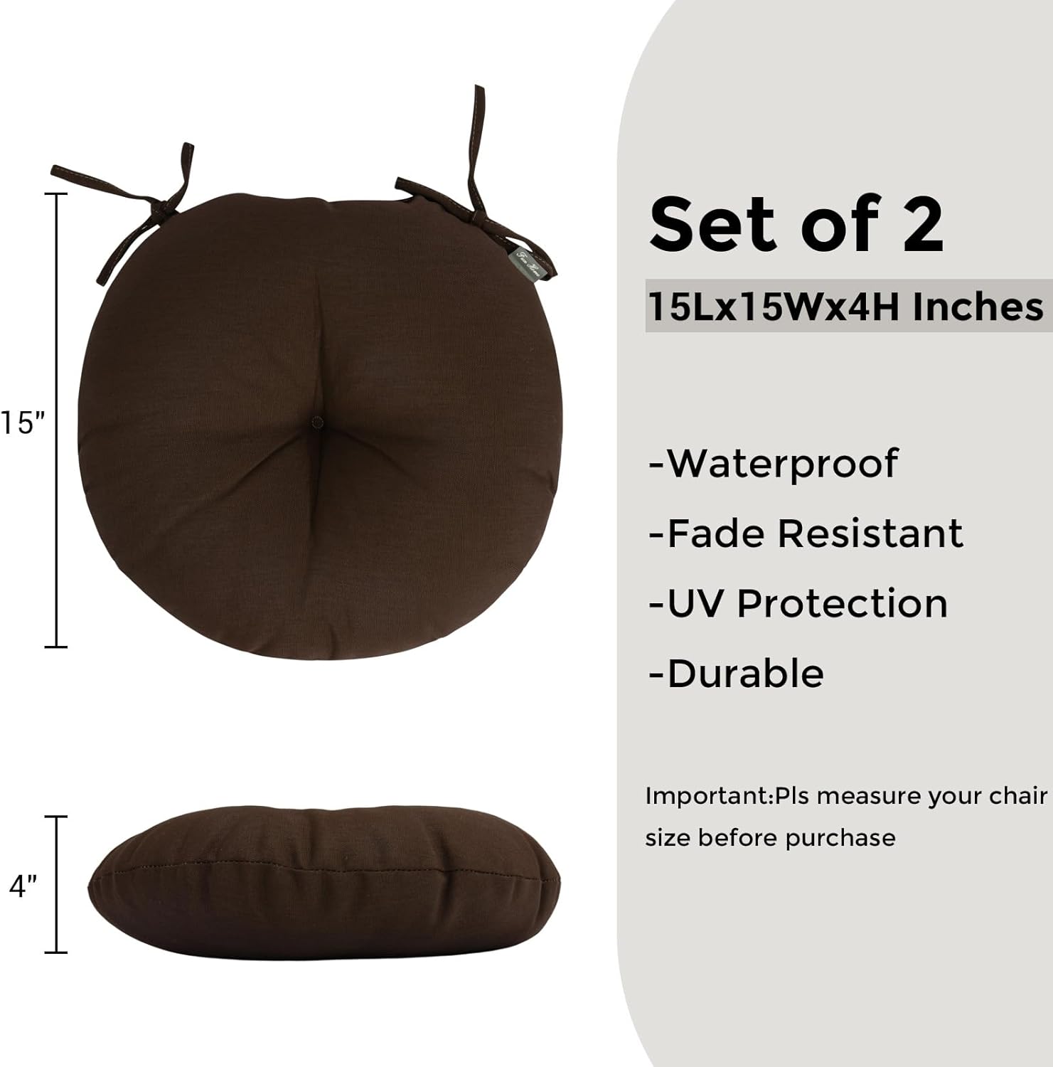 Bistro Chair Cushions 15 inch,Set of 2,Tufted Round Chair Cushions with Ties,15"x15"x4",Water Resistant Round Seat Cushion for Barstool Chairs,Patio Garden Outdoor Furniture(Chocolate Brown)