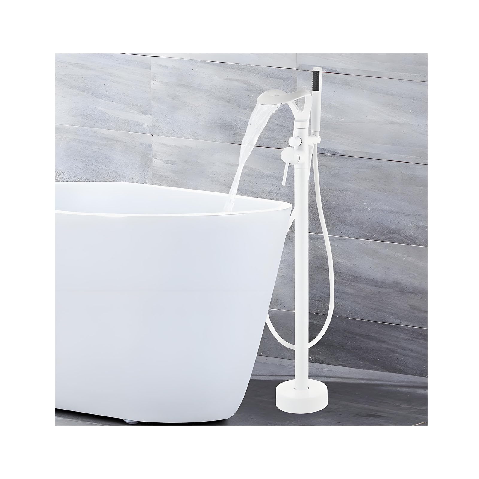 ZYCHSJXA Freestanding Bathtub Faucet - Floor Mount Tub Filler with Swivel Spout & Handheld Sprayer, High Flow Brass Single Handle Stand Alone Design, Elegant White Finish