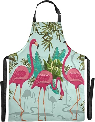 Kigai Delantal de cocina para mujeres y hombres, chef, flamencos rosados, impermeables, con bolsillos y cuello ajustable para hornear, cocinar,