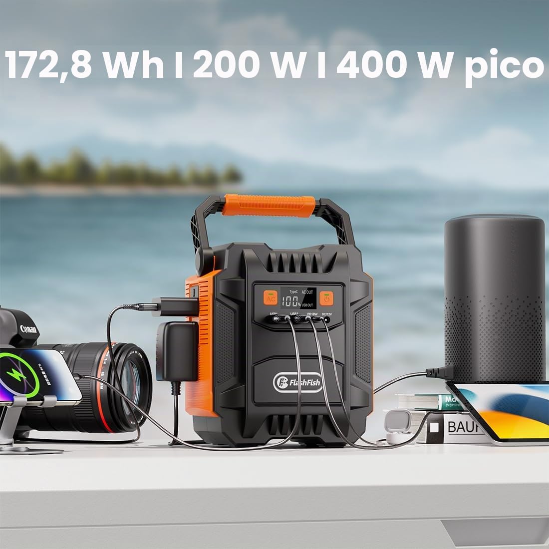 FlashFish 200W Estación de energía portátil con panel solar de 100 W, generador solar de 172,8 Wh con iluminación LED, batería para generador de energía de emergencia para camping, aventura