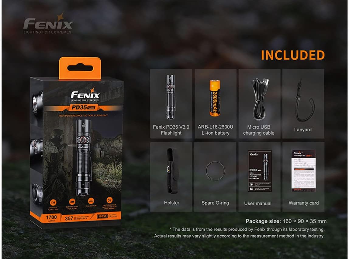 Fenix PD35 V3 1700 Lumens LED Tactical Flashlight, IP68 Waterproof, Aircraft Aluminum Construction, with a Rechargeable 2600 mAh Battery, Holster, and a USB Wall Plug