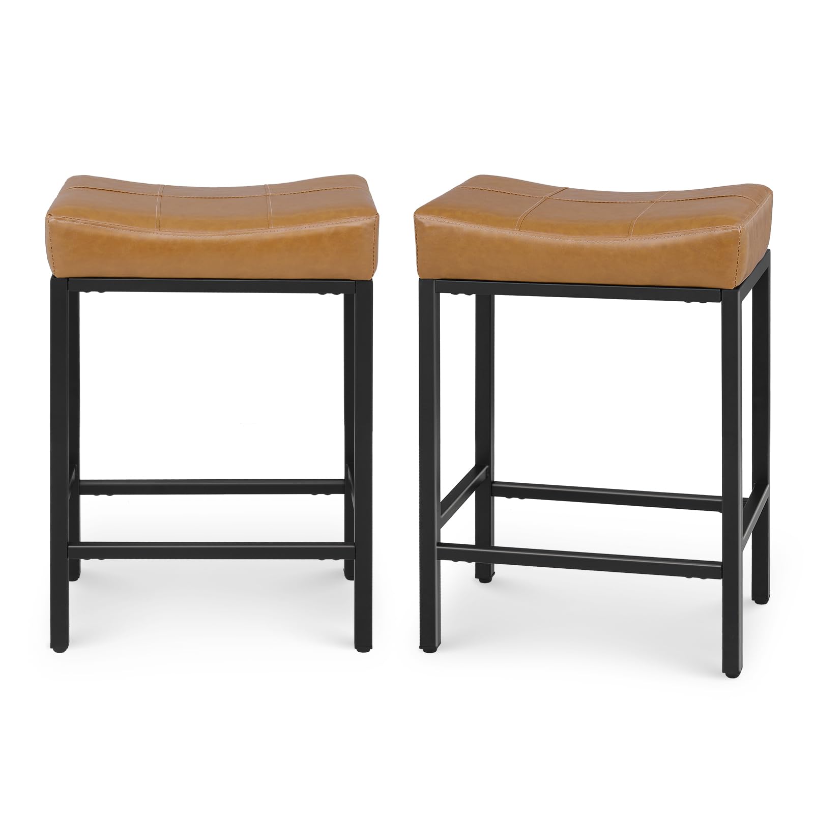 Athena Collection Counter Height Bar Stools Set of 2, 26 Inches Saddle Bar Stools with Leather Upholstered and Metal Legs, Backless Barstools for