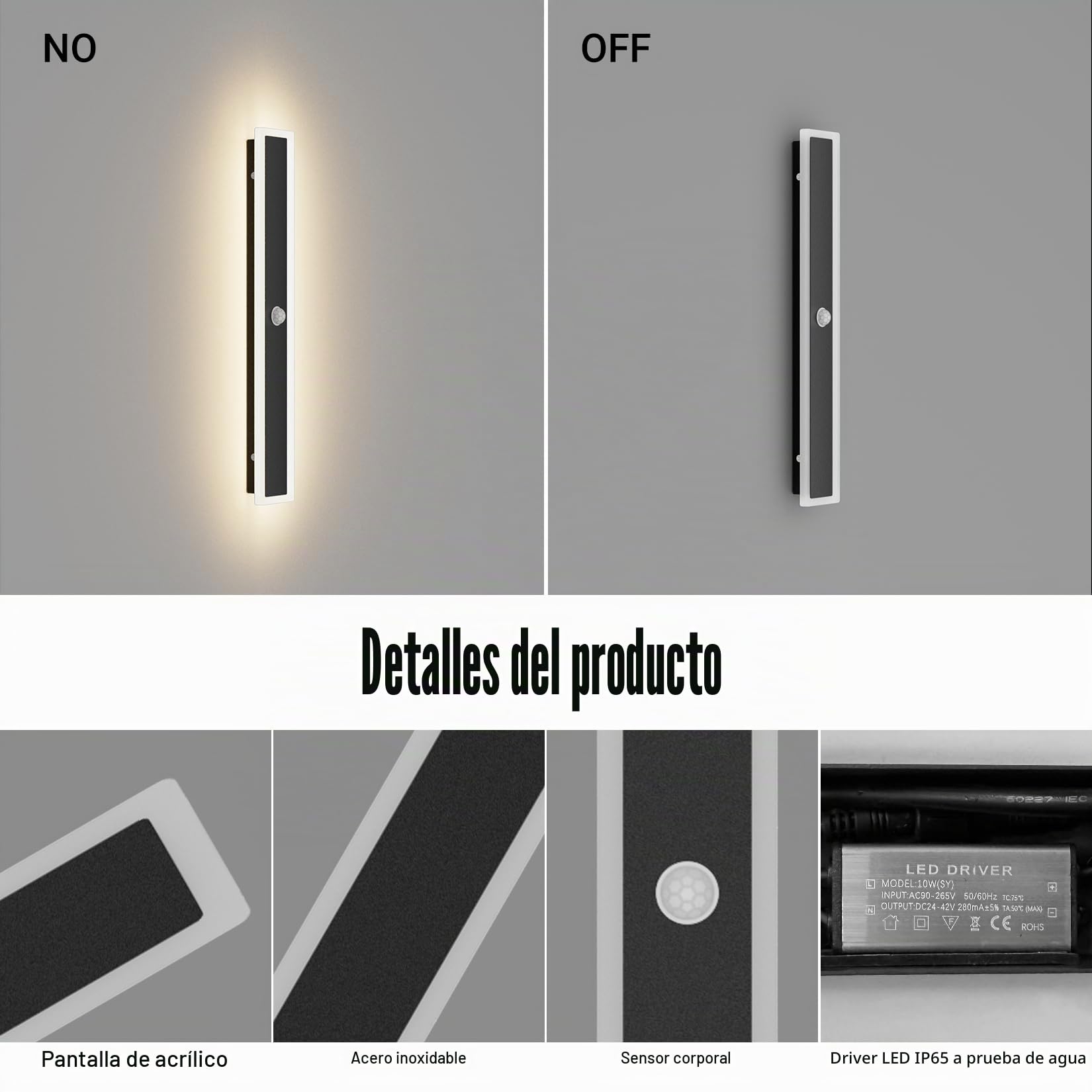 Klighten Led Larga Aplique de Pared Exterior/Interior, 60CM/20W Lámpara de Pared con Detector de Movimiento, IP65 Luz de Pared Acero inoxidable+Acrílico, para Villa/Terraza, Blanco Cálido 3000K, Negro