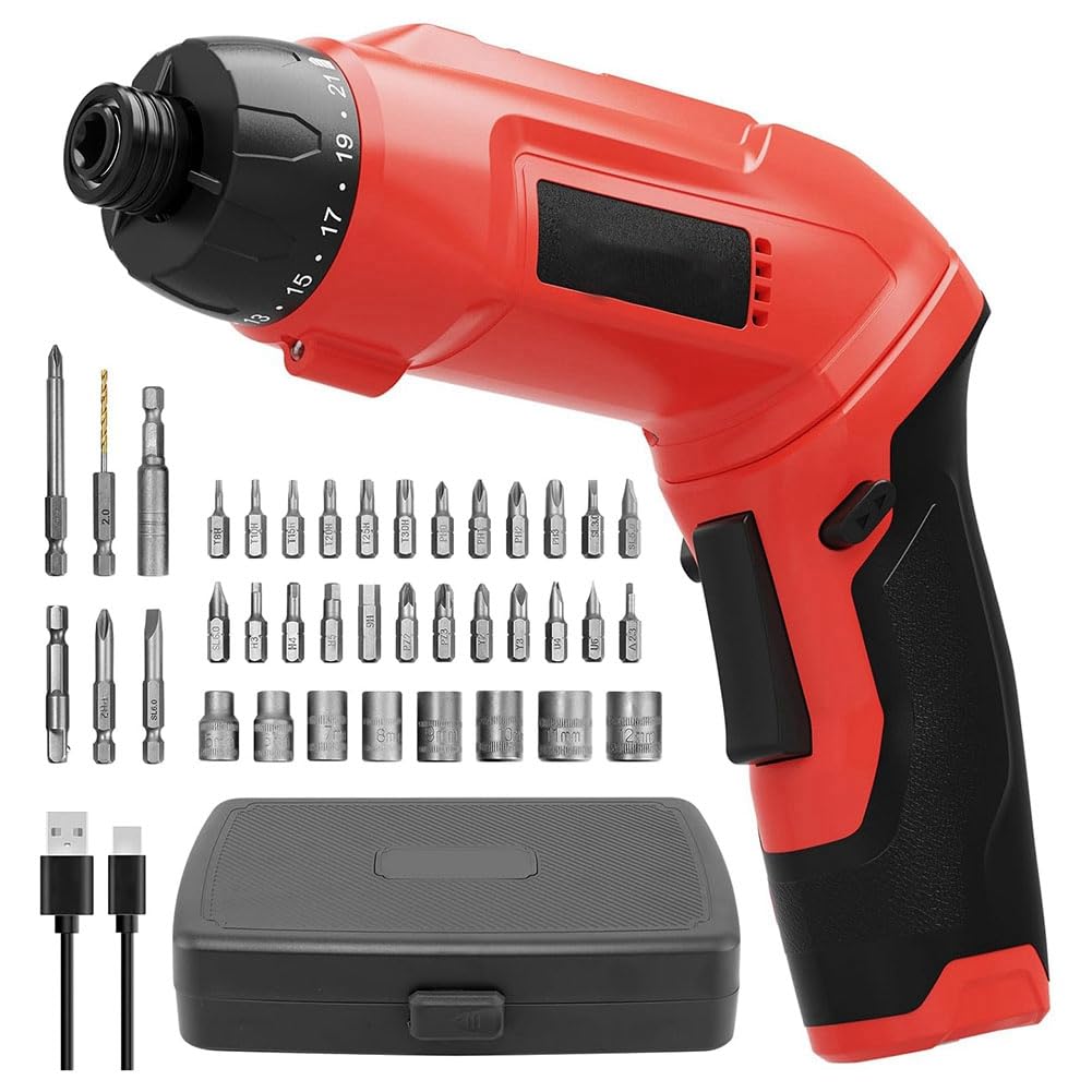 Jnchdghwa Red Cordless Electric Screwdriver-7.1N. M 3.6V Rechargeable With 38Pcs Bits, Pivoting Handle Power Screwdriver
