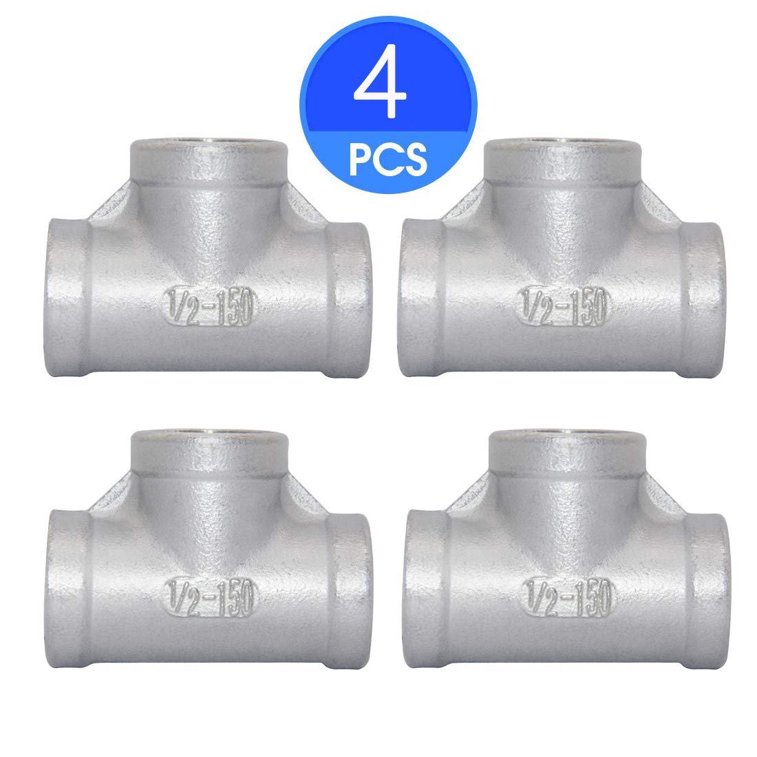 JoyTube 1/2" Female NPT Tee Adapter Cast Pipe Fitting Stainless Steel 3 Way Shape Connector, Pack of 4