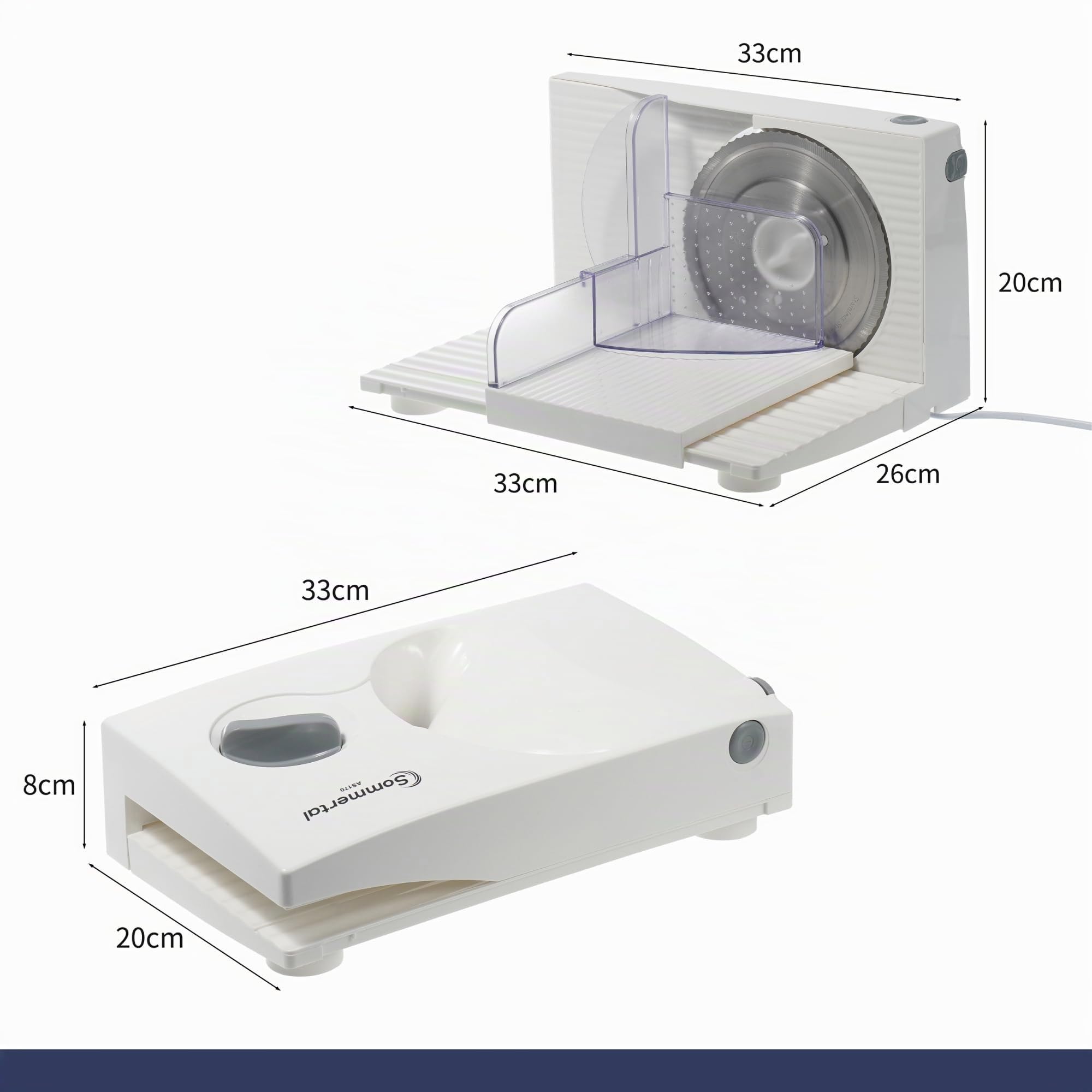 Sommertal Affettatrice universale AS170 150 W in acciaio inox con lama seghettata, pieghevole e salvaspazio, affettatrice elettrica, affettatrice professionale, bianca, 0-15 mm