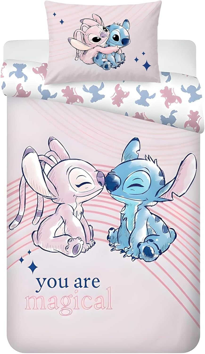 Disney Stitch & Angel “You Are Magical” Baby Bedding Set | Junior Size Duvet Cover 100x135 cm & Pillowcase 40x60 cm, 100% Cotton | Soft & Breathable Stitch Bedlinen for Toddlers