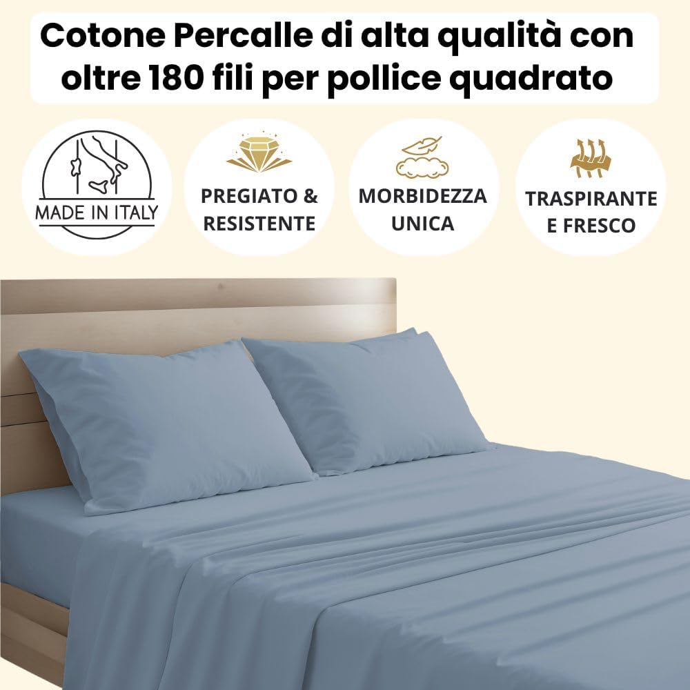 MAXIME MAISON - Lenzuola Percalle Matrimoniale Made in Italy, Completo Letto Realizzato in Cotone Pregiato a Trama Fitta, Biancheria da Letto Certificata Oeko Tex Standard 100 (Carta Da Zucchero)